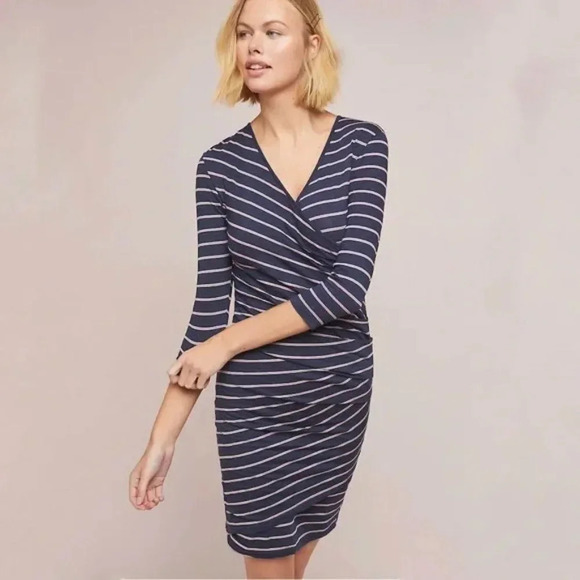 ANTHROPOLOGIE Sundry Fabian Shirt Dress Faux Wrap Gathered Striped Size Medium - Picture 1 of 8